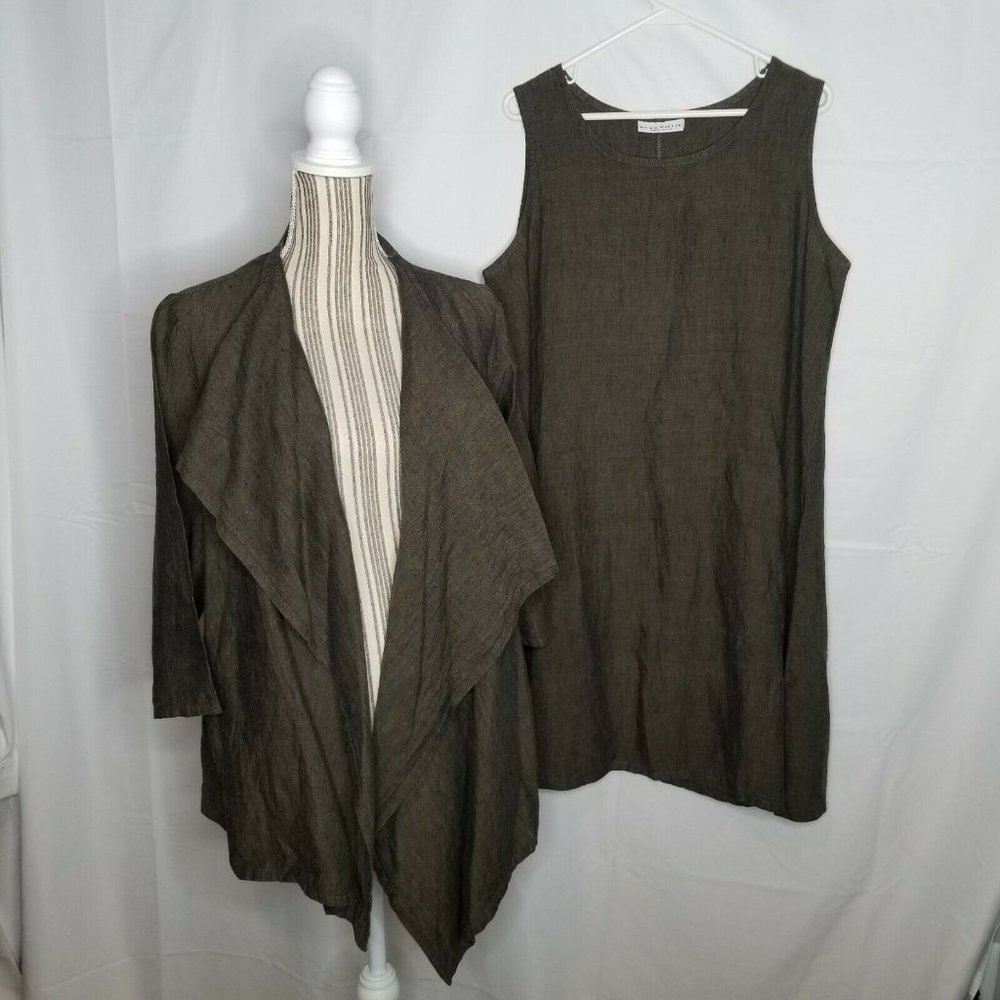 BRYN WALKER Linen 2-Piece Set Shift Dress & Jacket M/L Lagenlook Brown